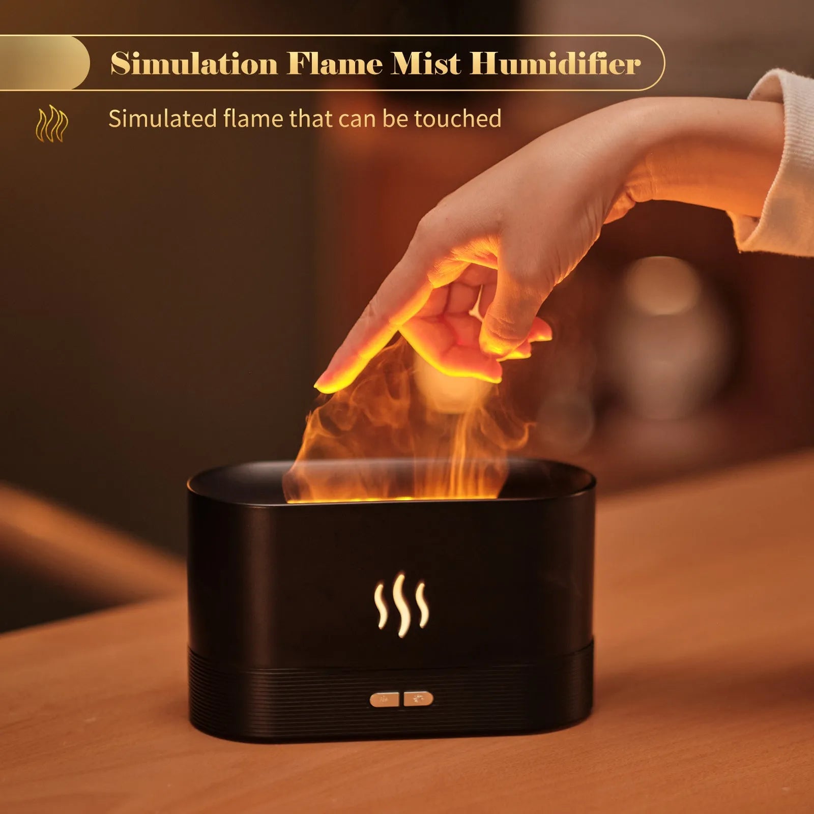 Black square ultrasonic aroma diffuser with flame light effect and mist output.