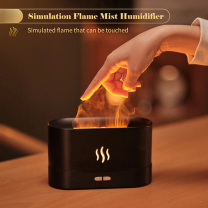 Black square ultrasonic aroma diffuser with flame light effect and mist output.