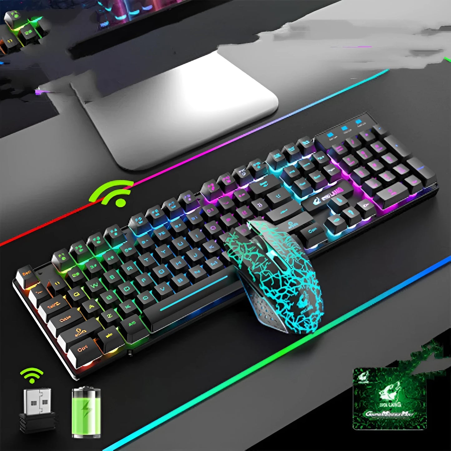 T3 wireless keyboard and mouse set with backlight on a desk, showing black chassis with orange lighting.