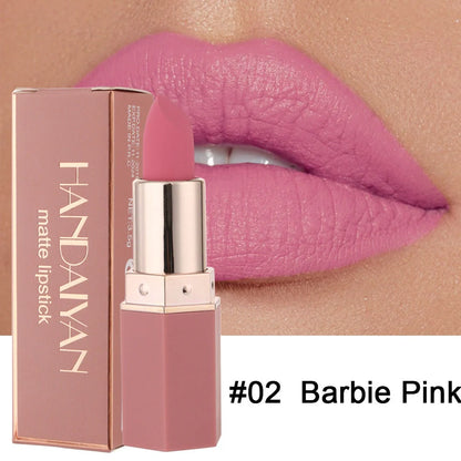 HANDAIYAN matte nourishing lipstick in six colours showing 3.5cm length and 1.2cm diameter bullet