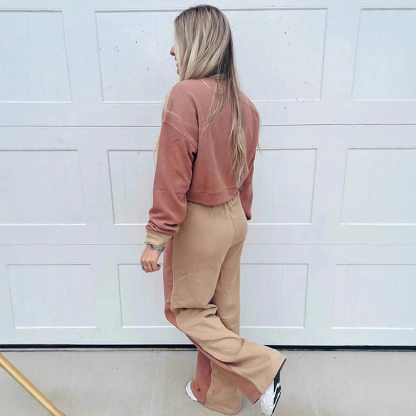 Camel colour women's cotton leisure suit with matching top and full-length trousers
