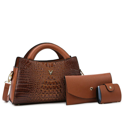 Women's square crossbody bag in crocodile pattern PU leather, showing internal organiser pockets.