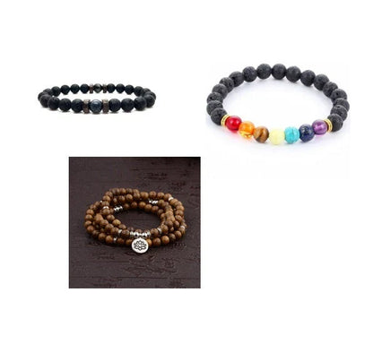 A stylish and durable men's bracelet made with volcanic stone, flash stone, and wood chips