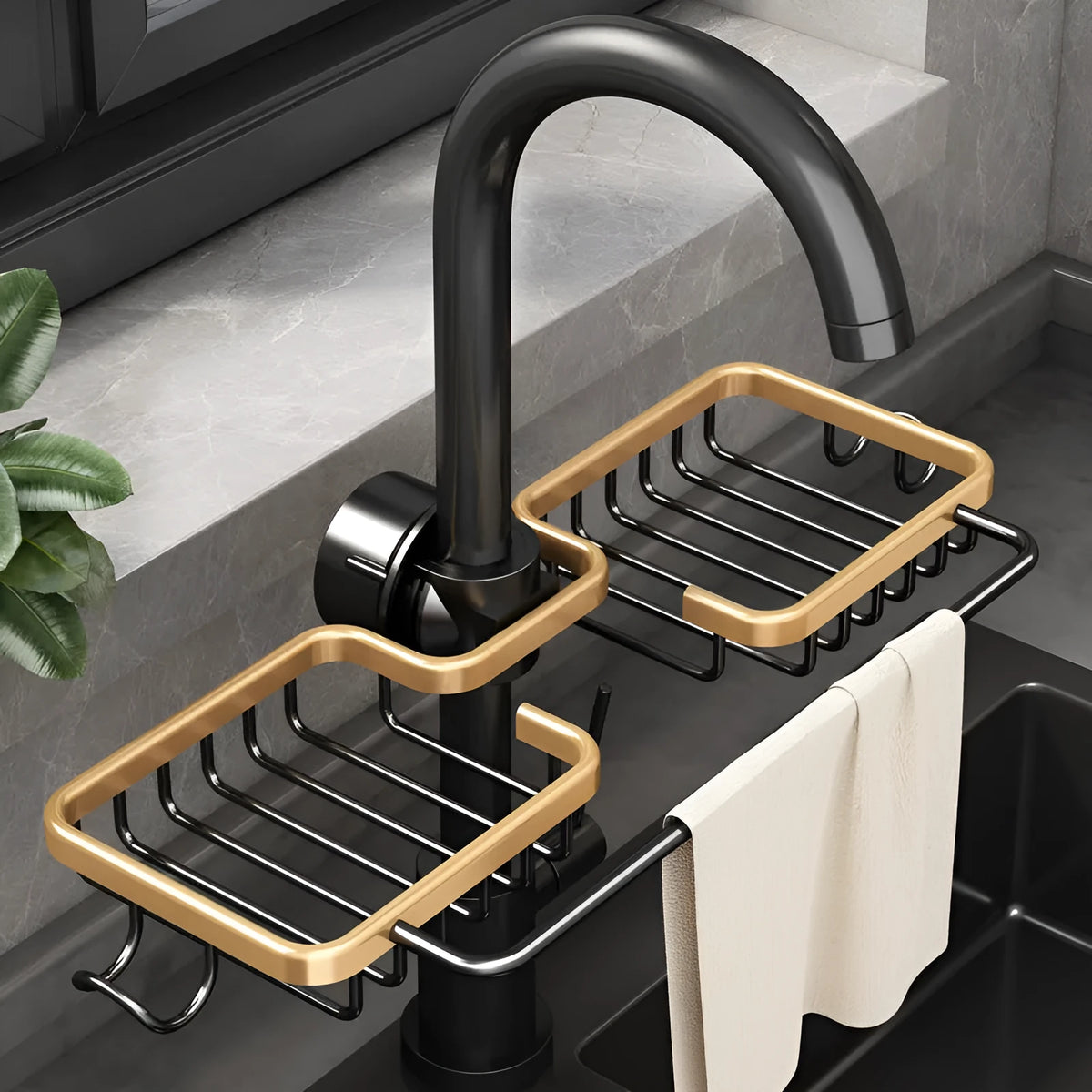 Space aluminium kitchen sink rack and drain basket with no-punch fitting, shown in silver or black single or double with towel bar