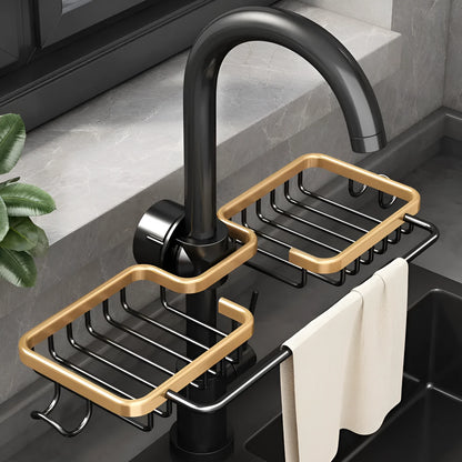 Space aluminium kitchen sink rack and drain basket with no-punch fitting, shown in silver or black single or double with towel bar
