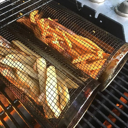 Silver iron wire rolling cylinder BBQ basket with mesh design and a hook for grilling.