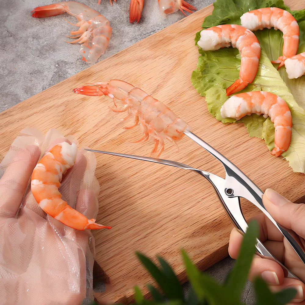 Stainless steel shrimp peeler tool with ergonomic handle for quick shellfish preparation
