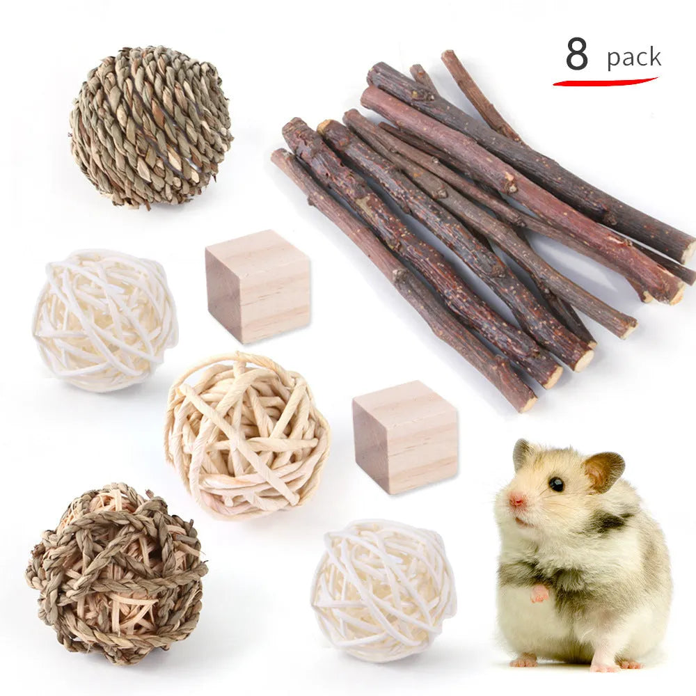 Assorted natural wooden chew toys for small pets including balls, rings, and mats on a plain background.