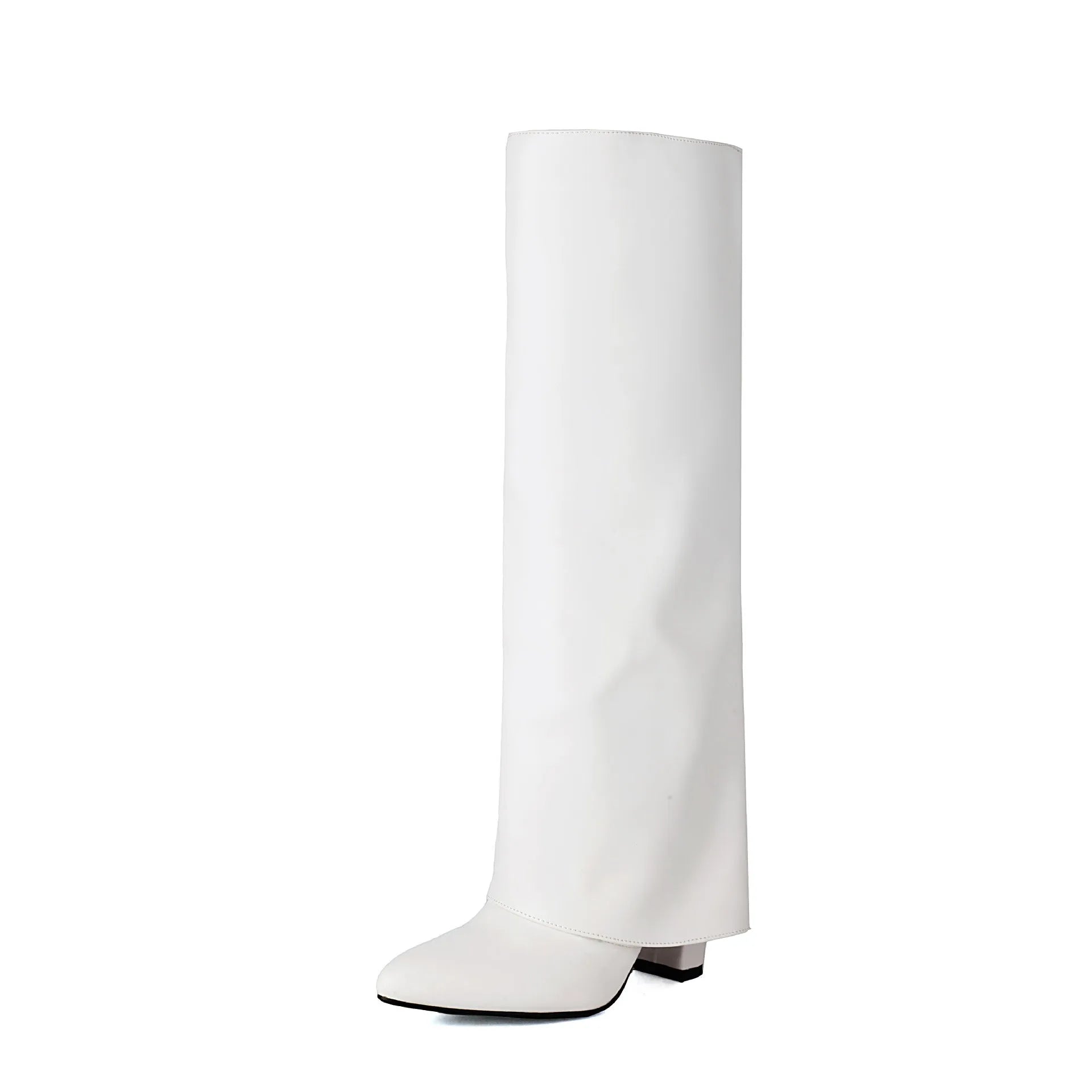 Women's plus size thick high heel boots in white, black and pink colours with sewing line detailing