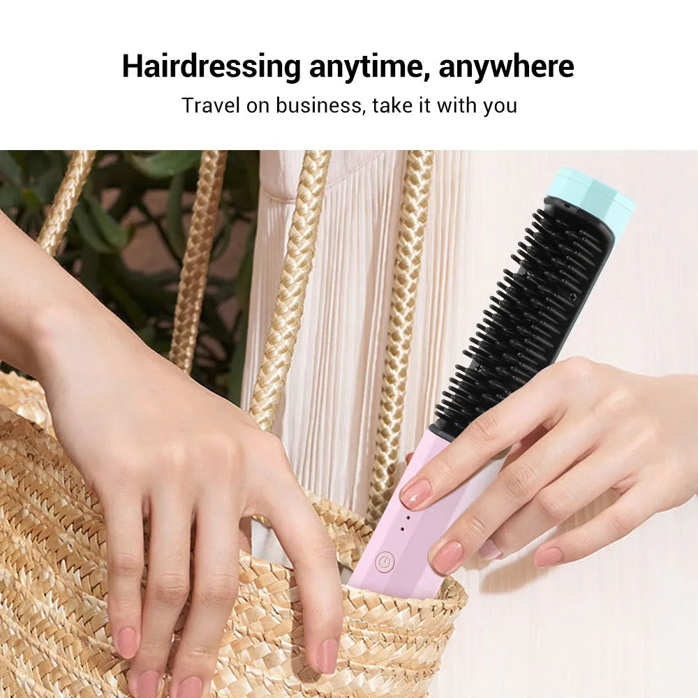 Pink cordless straightening brush with wide nylon teeth and an anti-scald shell on a bathroom counter.
