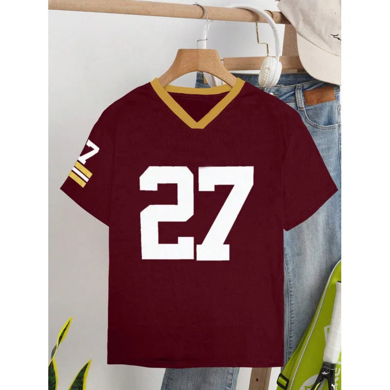 Casual t-shirt with digital printing featuring loose fit and contrast colour short sleeves in jersey cotton fabric, available in green or red sizes S M L.