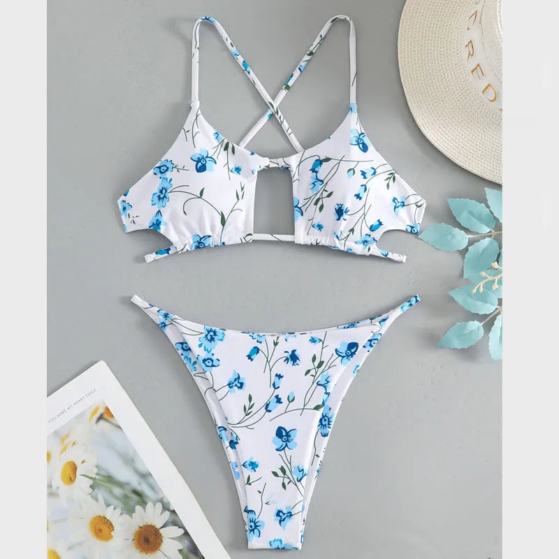 Floral tie-neck triangle bikini top with matching ruffle shorts swimsuit set