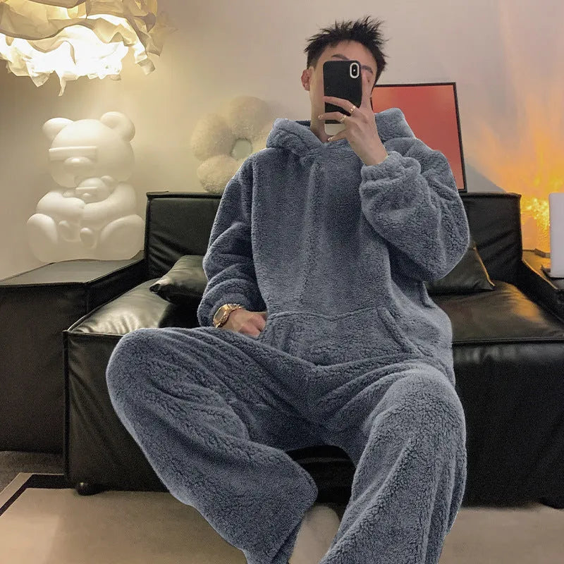 Men's coral fleece pyjama set in grey, two-piece polyester suit with top and pants, sizes L to 3XL