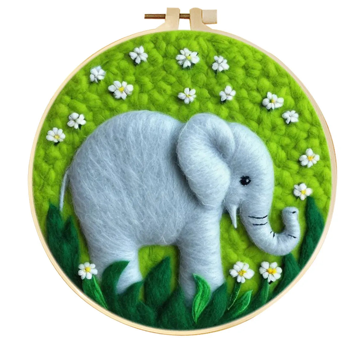 Round three-dimensional embroidery kit with linen fabric, wool felt pieces, and embroidery frame for 20x20 cm blanket painting
