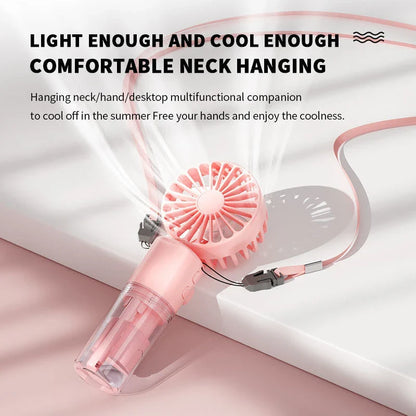 Compact handheld cooling mist fan with 4 adjustable wind speeds, perfect for staying cool and refreshed during the British summer