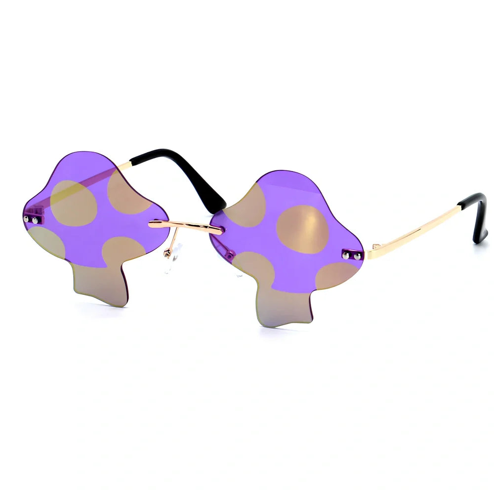 Gold rimless mushroom sunglasses with blue polycarbonate lenses showing 60-port sizing system