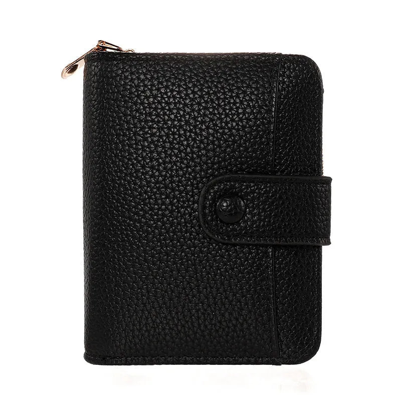 Women's solid colour PU short wallet in beige, showing lychee pattern and sewing thread detail.