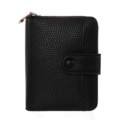 Women's solid colour PU short wallet in beige, showing lychee pattern and sewing thread detail.