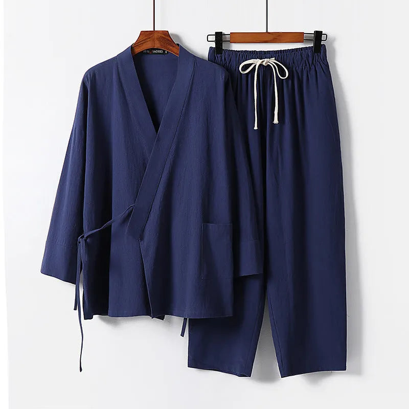 Cotton cardigan hanfu two-piece suit in five colours with shirt-style top and pants