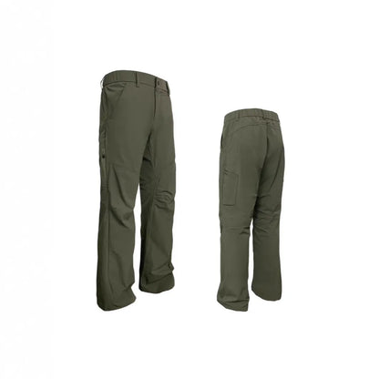 Men's straight leg casual trousers in army green with a mid waist and elasticated back.