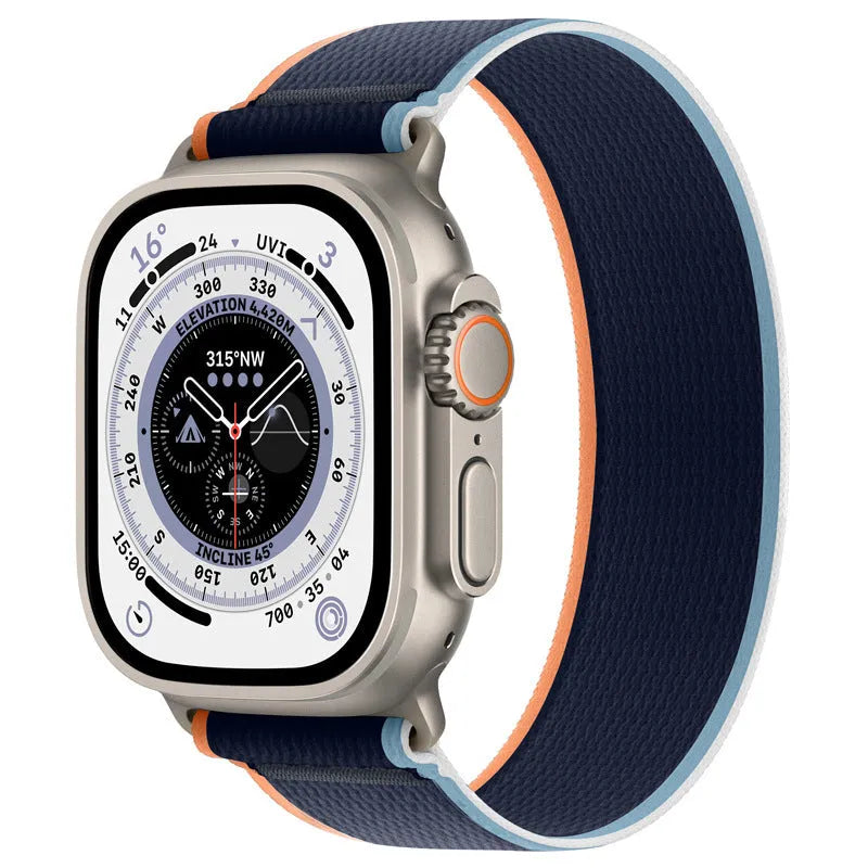 Nylon Apple Watch band with single ring strap closure in multiple colour options on a wrist