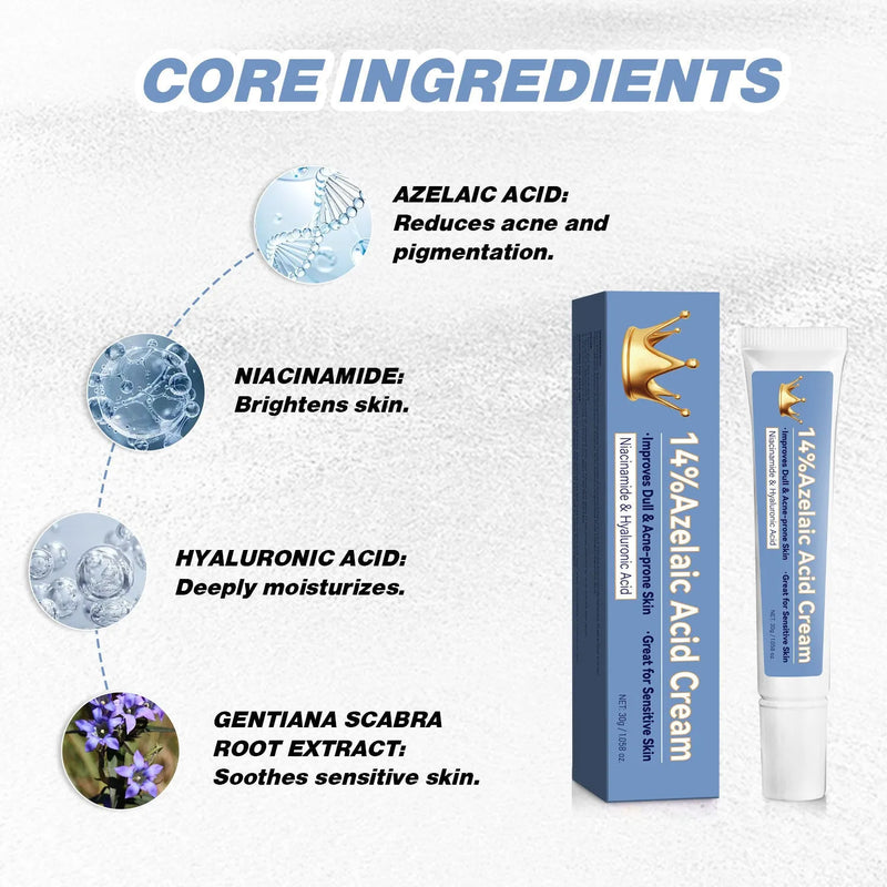 Azelaic Acid Cream 30g blue cosmetic formulation for topical application to help manage common skin concerns, providing a gentle 30g treatment product in a convenient tube with FPA035 product code identifier
