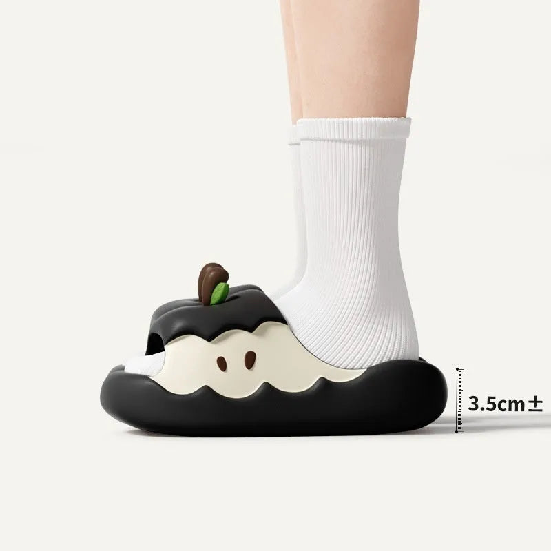 Cartoon fruit-themed EVA flip flop slippers for adults on a plain background.