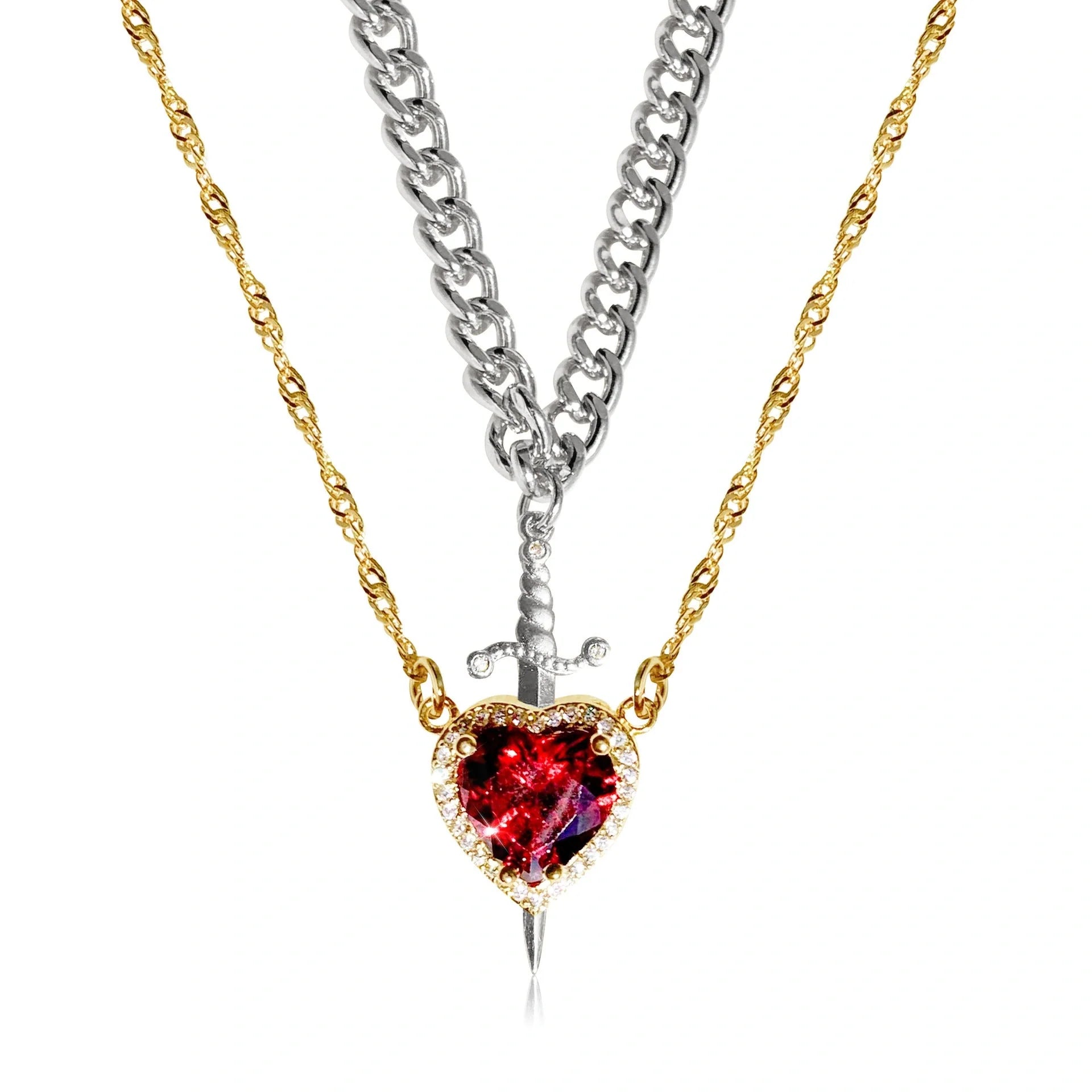Gothic Punk Heart Dagger Couple Necklace with sparkling red rhinestones
