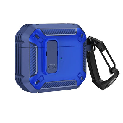 Hard plastic clamshell case for AirPods with a carabiner hook attached, shown in a black and yellow two-tone colour.