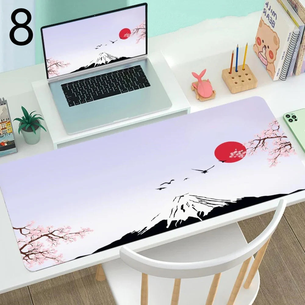 Large gaming mouse desk mat with printed design, multiple size options from 300x600mm to 400x900mm