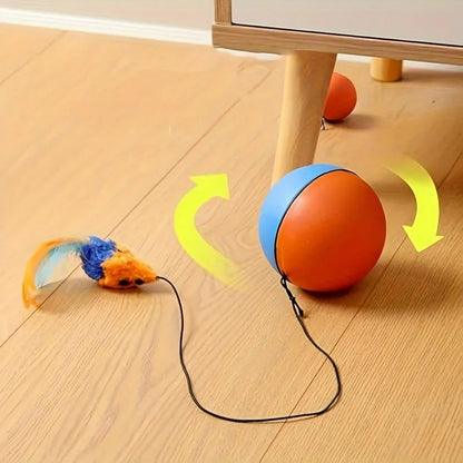 Interactive cat toy with ball and plush mouse design in blue and orange colours