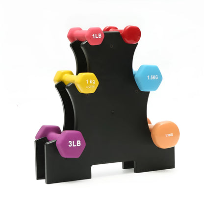 PVC fitness dumbbell rack with removable bracket support on a gym floor