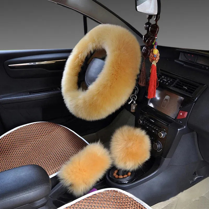 Wool steering wheel cover and handle cover set for car interiors