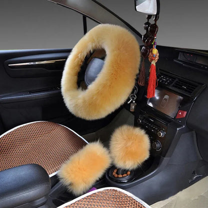Wool steering wheel cover and handle cover set for car interiors