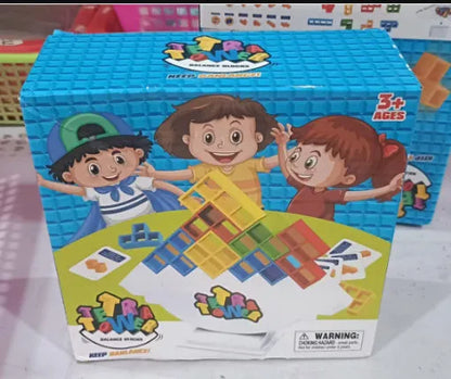Plastic balance stacking game with 16 colourful blocks, chassis, and base for kids and adults