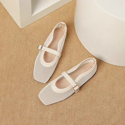 Women's beige mesh hollow out pumps with buckle fastening and square toe on a flat sole.