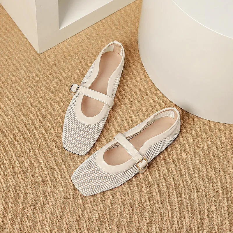 Women's Summer Mesh Shoes Hollow Out Pumps Low Heel Flat Breathable Walking Shoes Buckle Fastening Square Toe Available in Multiple Colours and UK Sizes 35 to 44