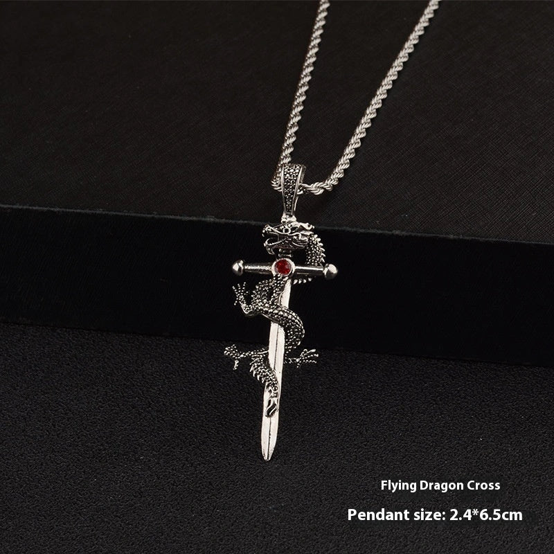 Dragon Sword Pendant Necklace with unique dragon or cross design on a 60cm hemp flower chain