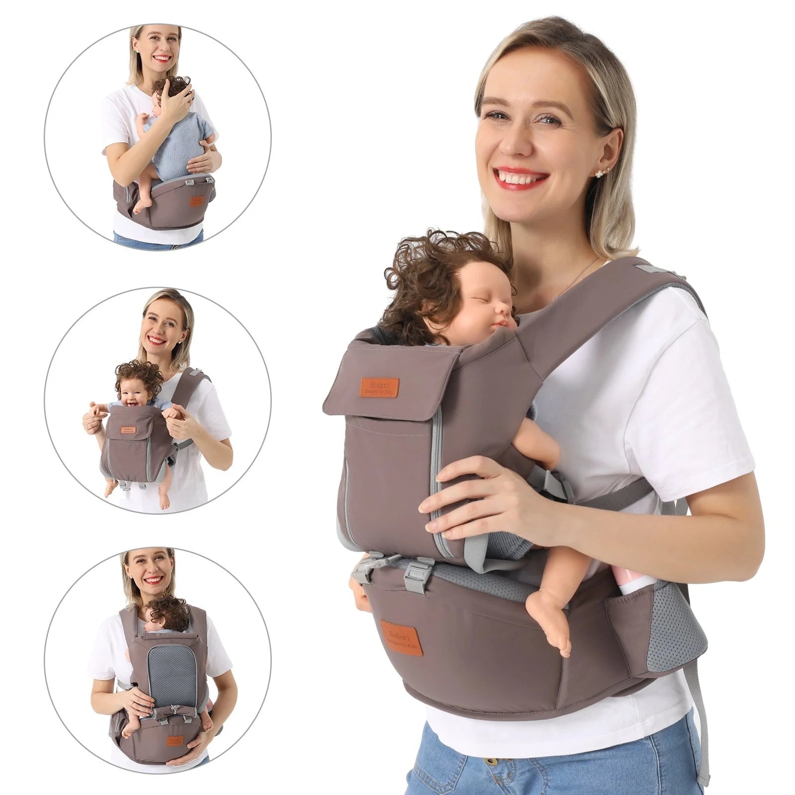 Dual-purpose baby carrier waist stool for newborns and toddlers in light blue, grey, and dark blue