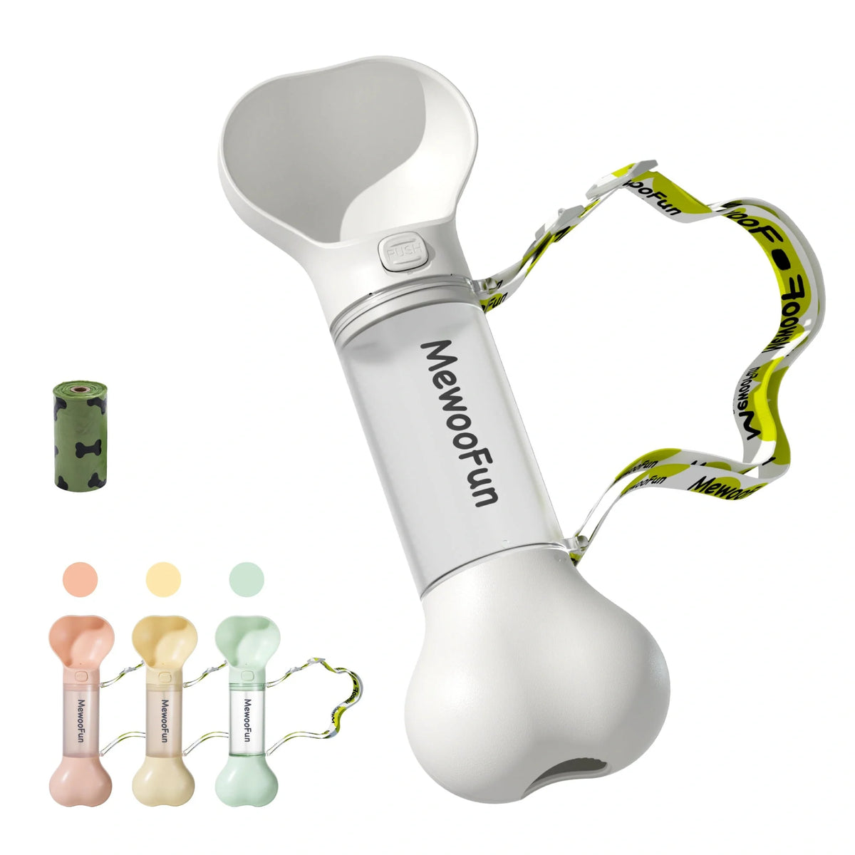 Mewoofun 2-in-1 pet water bottle and feeder bowl in white, green, yellow, and pink