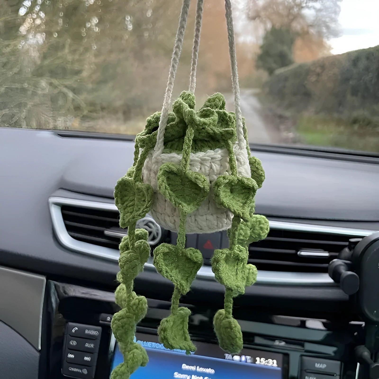 Green and white fishing style car plant decoration with 8cm base and 25cm hanging rope