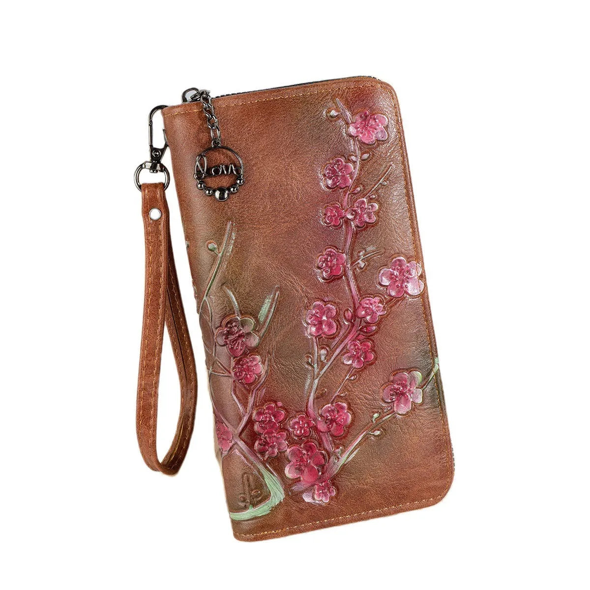 Chinese style embossed floral handbag with zip closure in black or brown colours