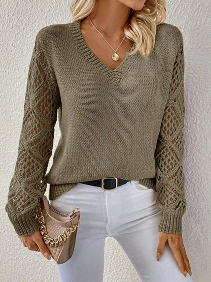 Stylish V-neck sweater with hollow long sleeves in a variety of trendy colors