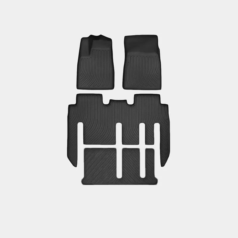 Tesla Model X waterproof car mats set showing front, rear, and tailbox protection for 2016-2023 vehicles