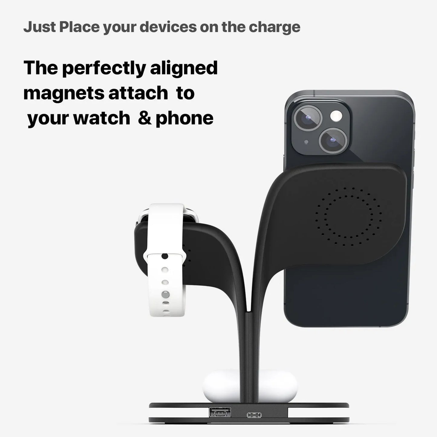 Black 3-in-1 wireless charging stand with phone, smartwatch, and headphones placed on its charging pads