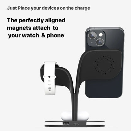Black 3-in-1 wireless charging stand with phone, smartwatch, and headphones placed on its charging pads
