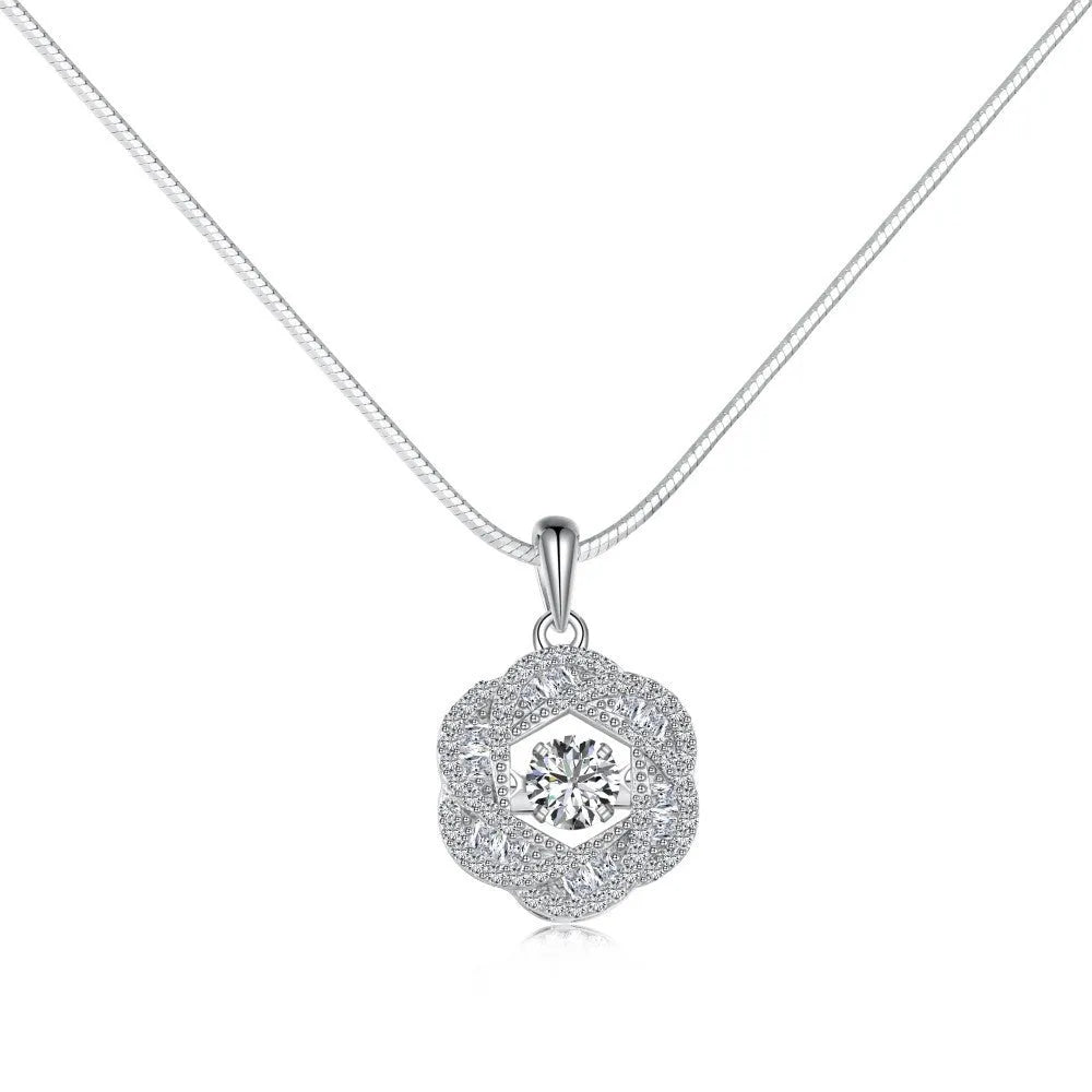 925 sterling silver flower shape necklace for women with platinum electroplated finish and geometric floral pendant