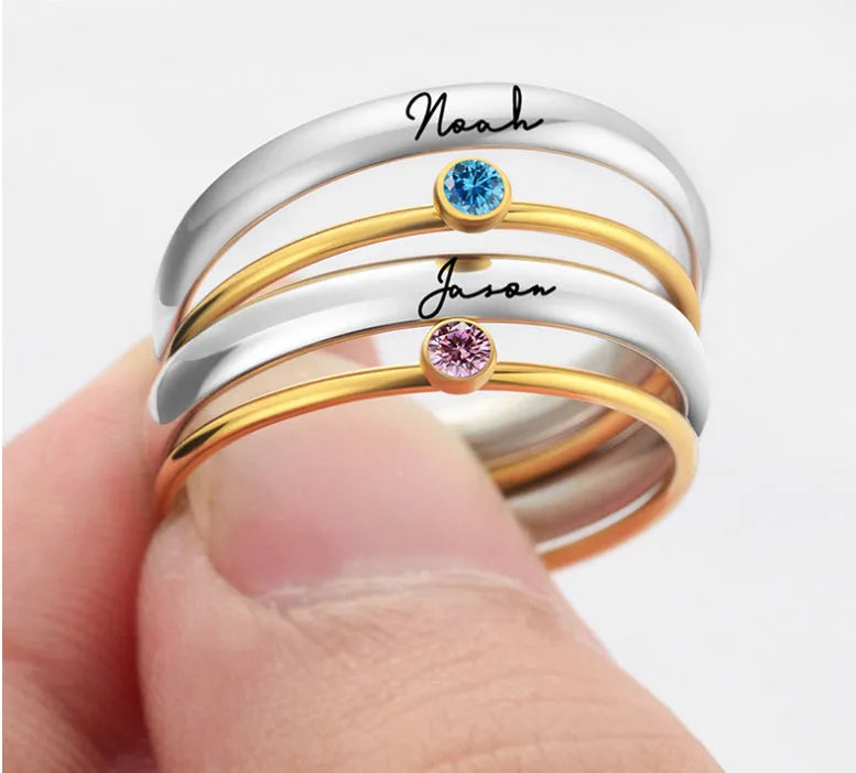 December birthstone titanium steel ring with geometric design and engraving on finger