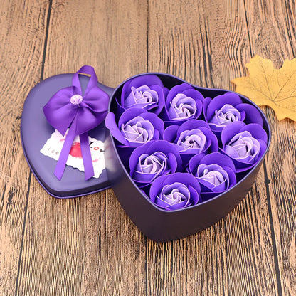 Handmade soap flowers in red heart-shaped tin box measuring 12x12x5cm
