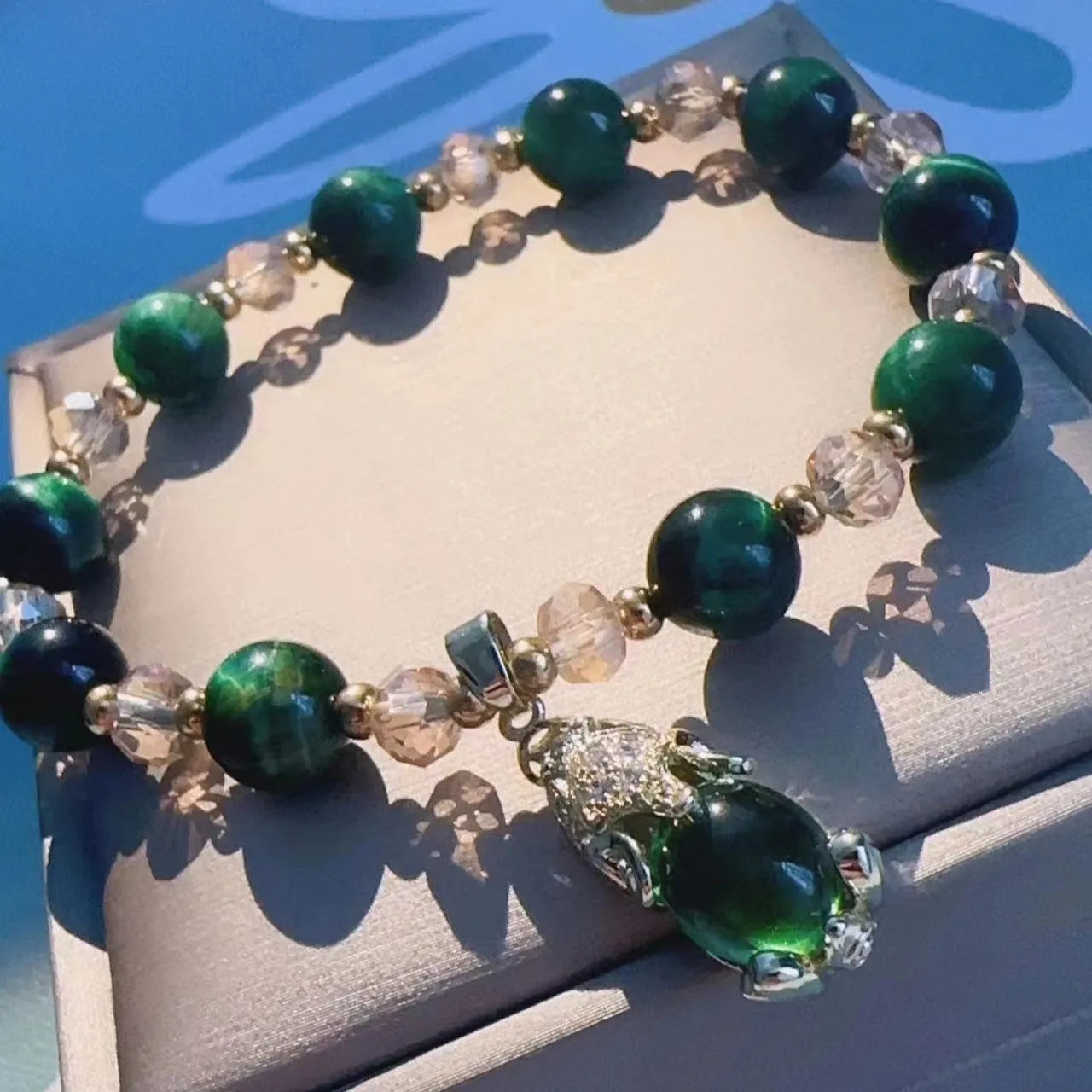 Handcrafted Tigereye stone bracelet with choice of single or double chain in green or rose red colours